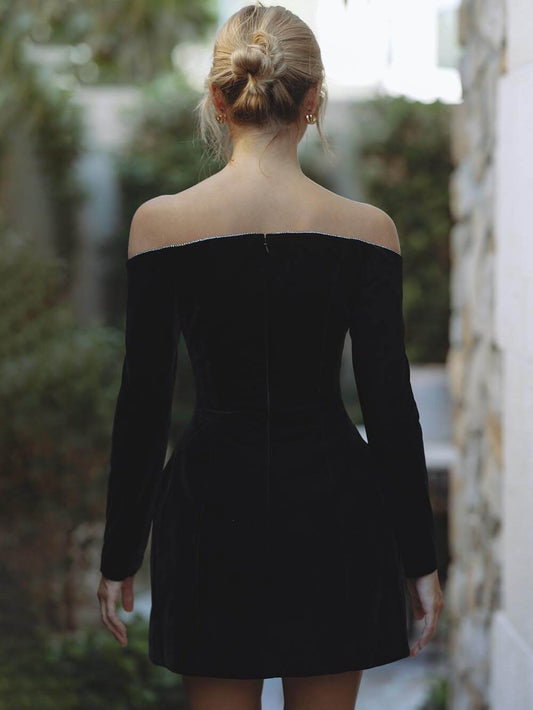 Velvet Rhinestone Off-Shoulder Bardot Mini Dress