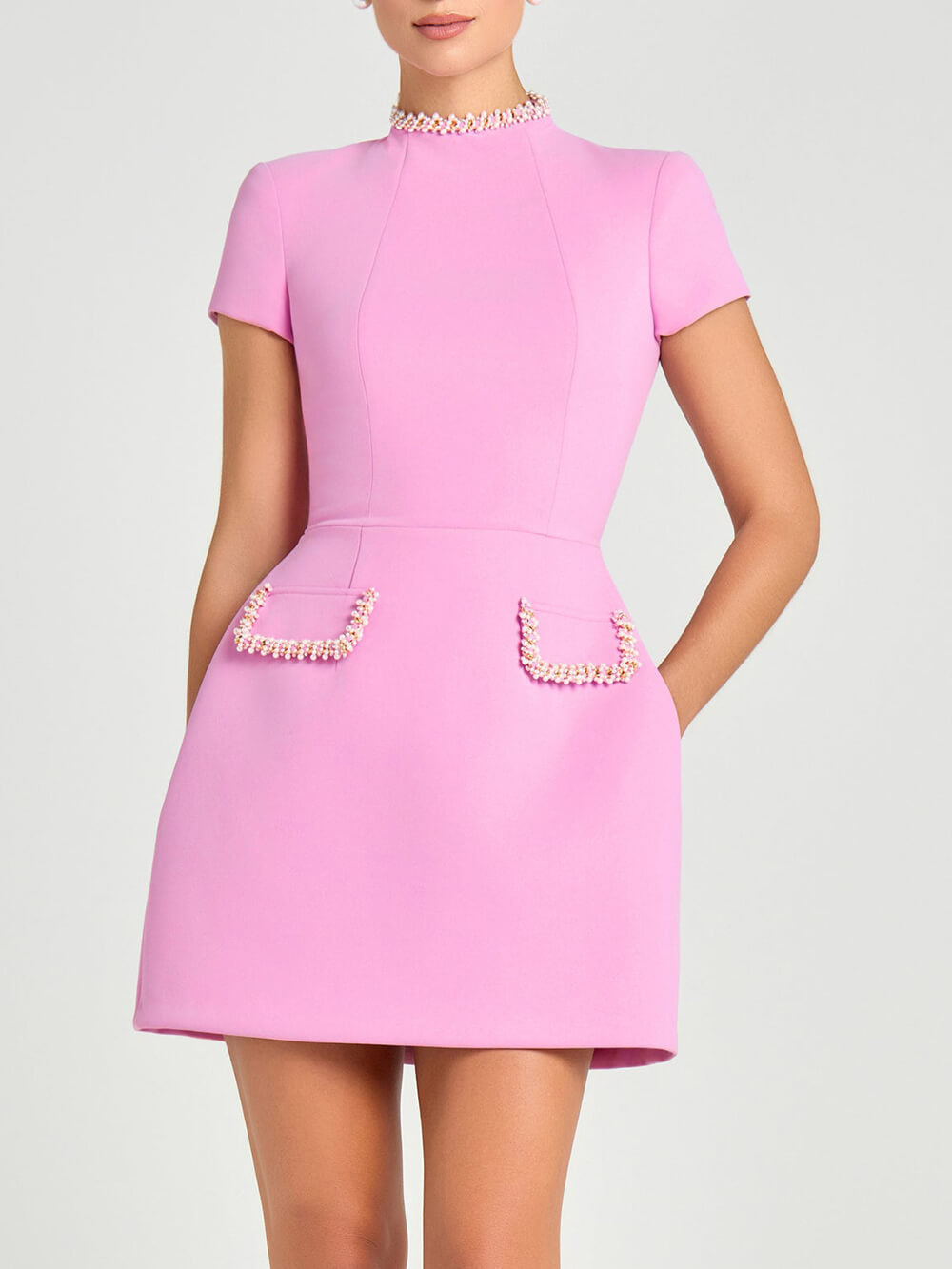 Pearl Trim Pocketed Short Sleeve Mini Dress