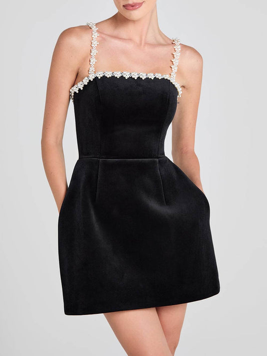 Classic Sweet Pearl Trim Strap Pocketed Tulip Mini Dress