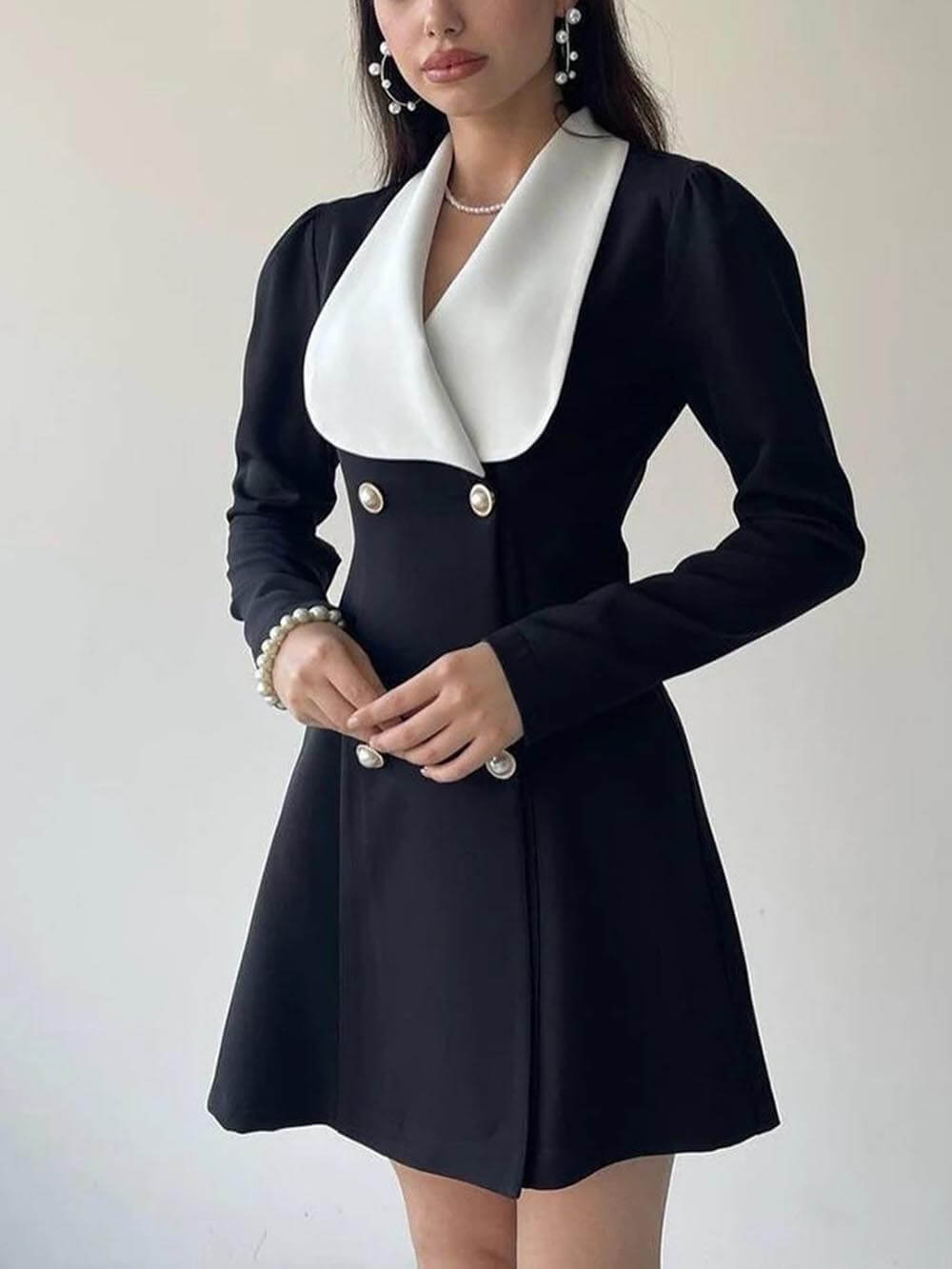 Elegant Contrast Color Metal Buckle Lapel Dress