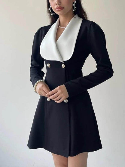 Elegant Contrast Color Metal Buckle Lapel Dress