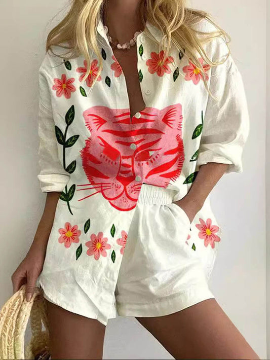 Printed Long Sleeve Shirt and Shorts Set