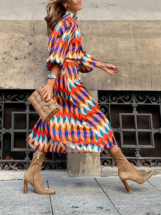 Fashionable Rainbow Print Stand Collar Long Sleeve Midi Dress