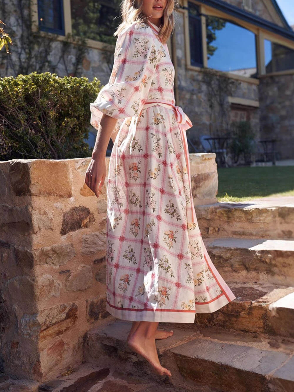 Open-Front Casual Cotton-Linen Floral Tie Dress