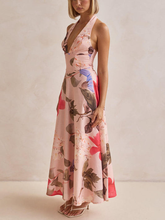 V-Neck Halter Backless Tie Beach Resort Dress