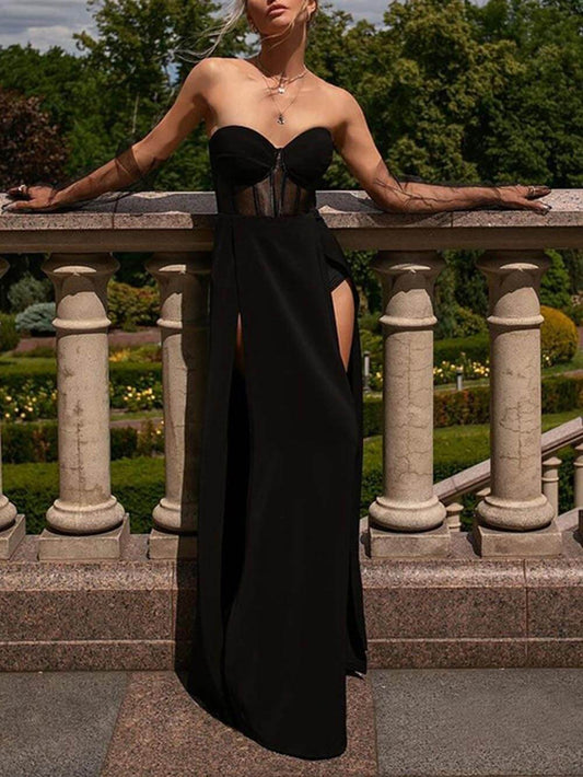Knit Strapless Waist-Cinching Slit Dress