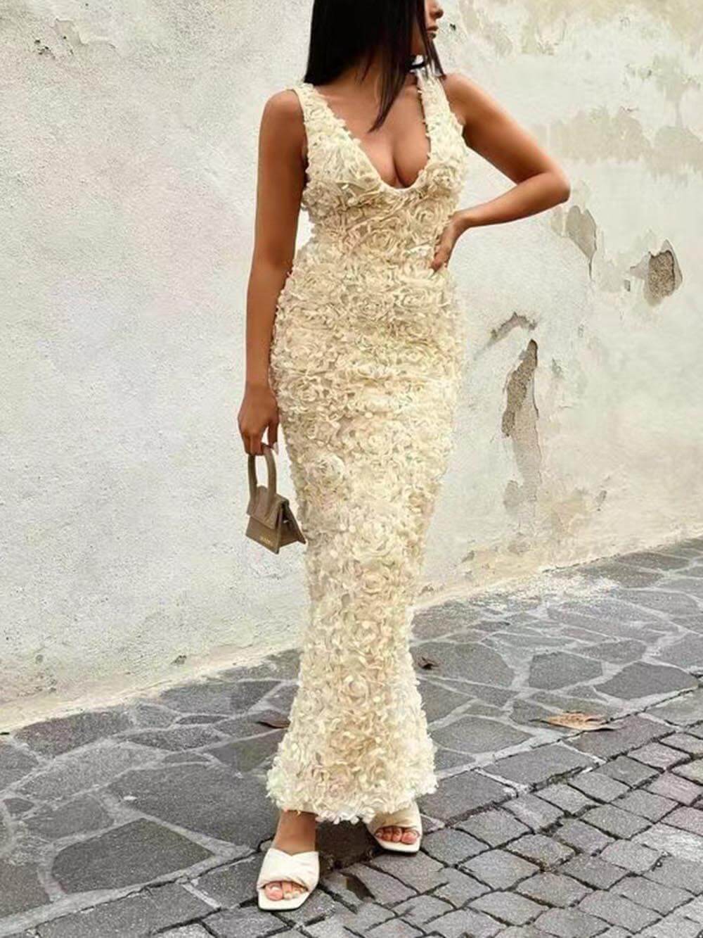 Floral Applique Deep V Neck Dress