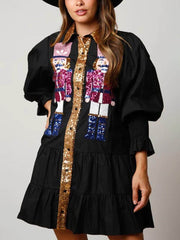 Christmas Lapel Contrast Sequin Long Sleeve Mini Dress