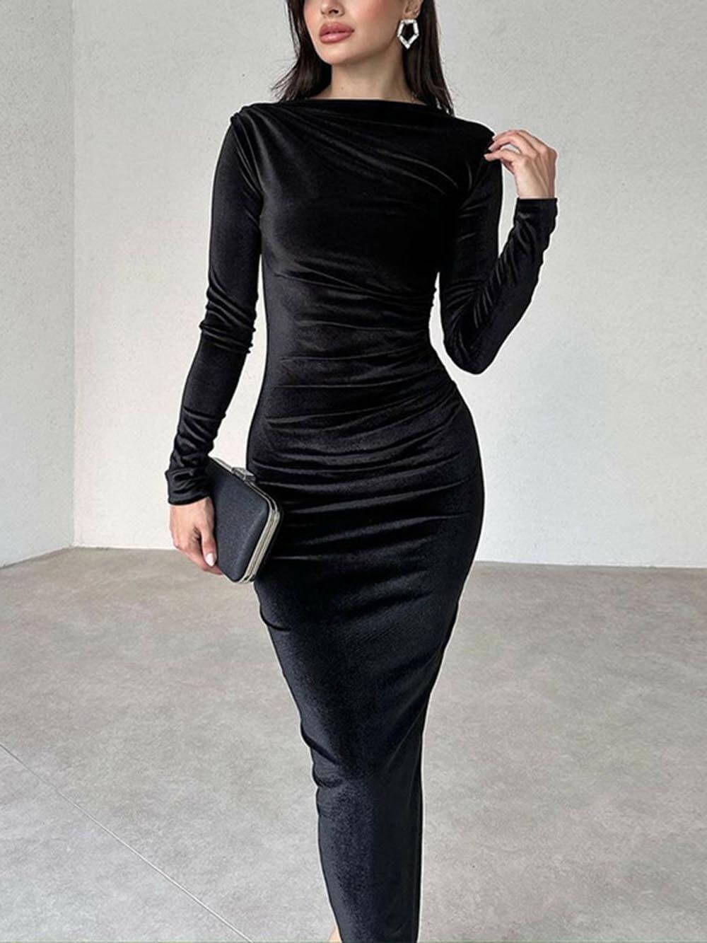 Fitted Ruched Round Neck Long Sleeve Dress