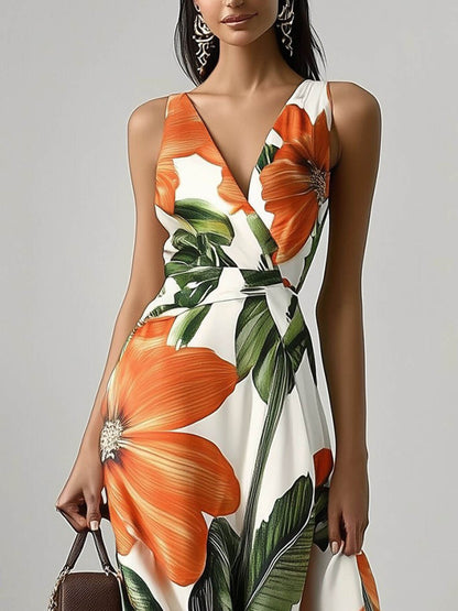Floral Print V Neck Sleeveless A-Line Maxi Dress