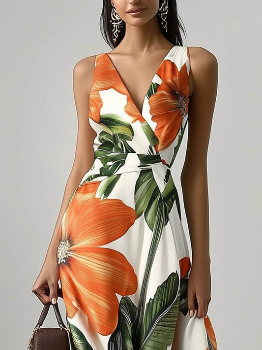Floral Print V Neck Sleeveless A-Line Maxi Dress