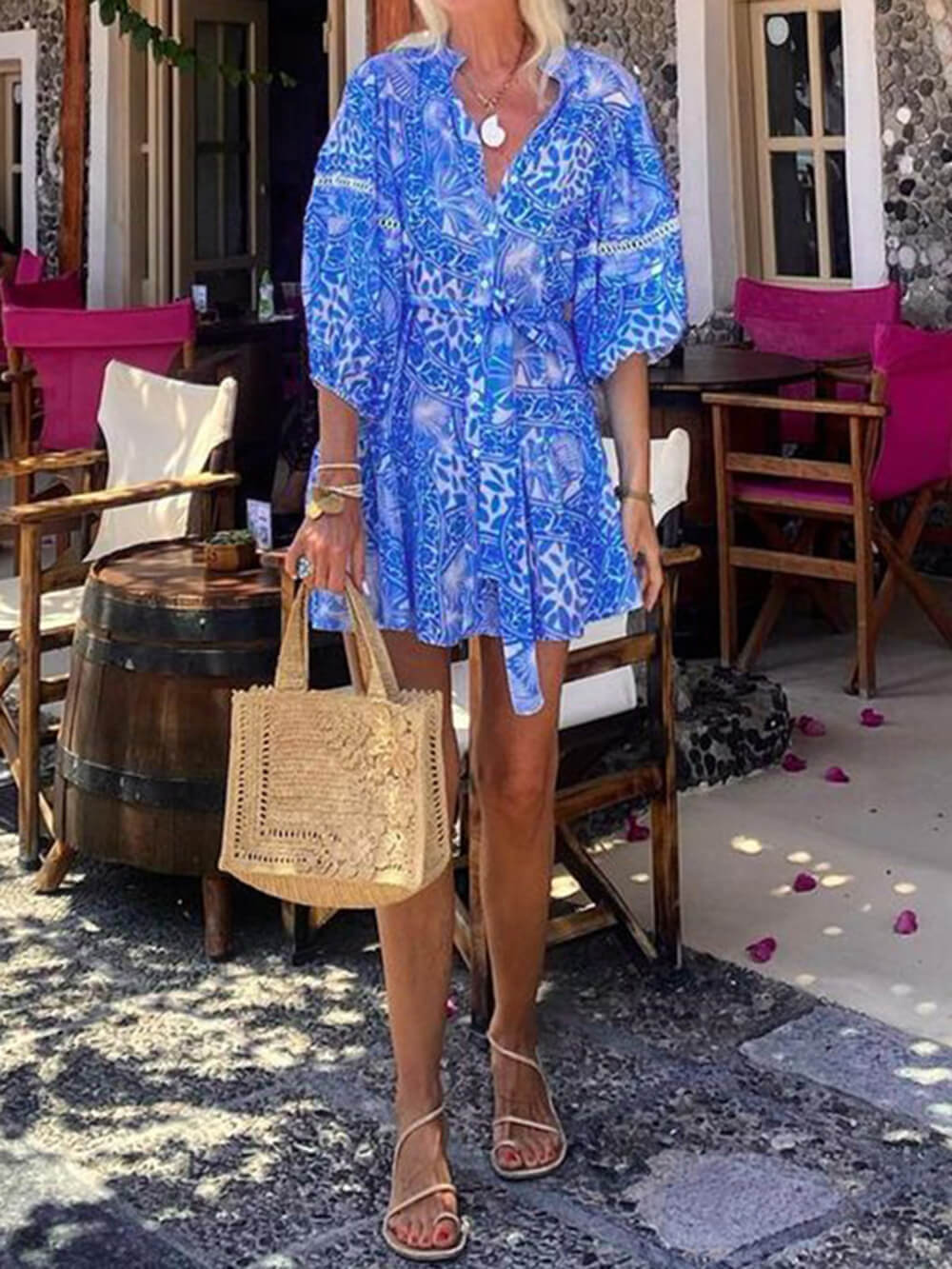 Stand Collar Shift Printed Resort Mini Dress