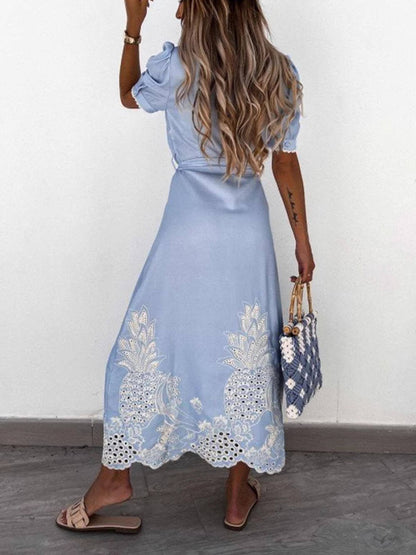 Hollow Short Sleeve Waist-Tied Flared Dress