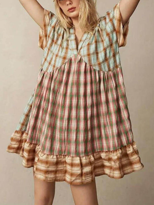 Multicolored Plaid Patchwork Mini Dress