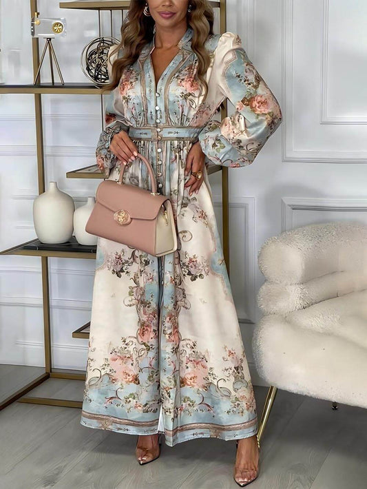 Lantern Sleeve Collared Waist-Tied Long Sleeve Dress