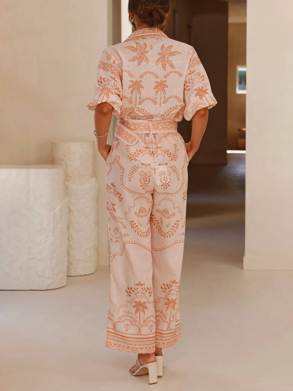 Linen Print Belted Top Pants Set