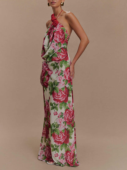 3D Flower Off-Shoulder Floral Maxi Dress
