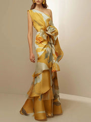 French Vintage Asymmetric Shoulder Dress