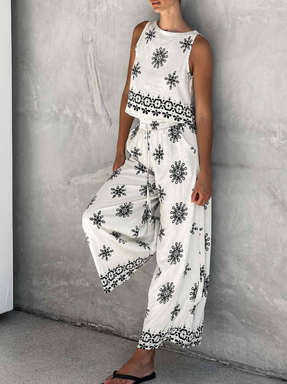 Casual Printed Linen Vest Set