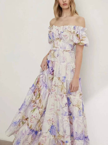 Off-Shoulder Printed Organza Fairy Evening Gown Maxi Dress