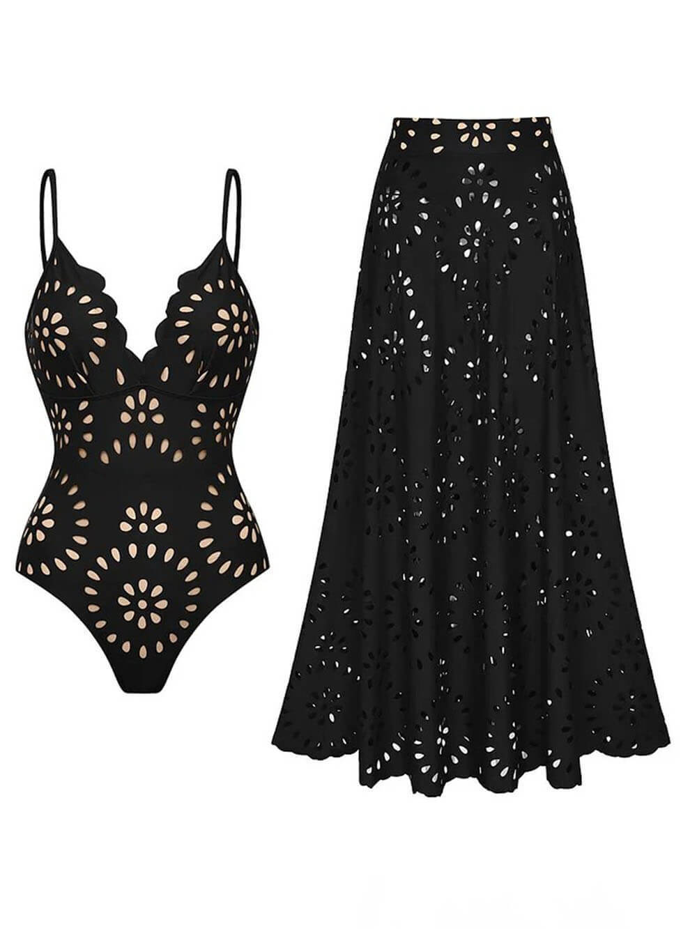 Elegant Cutout Swimsuit and Skirt Set