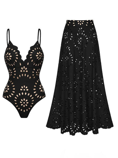 Elegant Cutout Swimsuit and Skirt Set