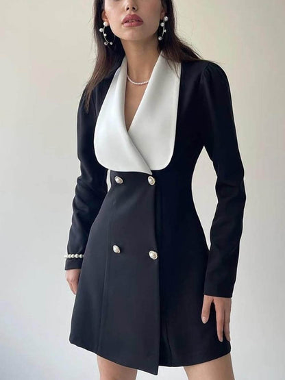 Elegant Contrast Color Metal Buckle Lapel Dress