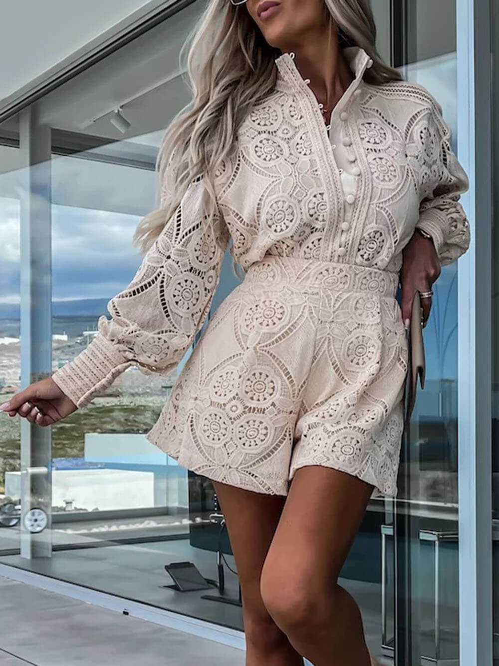 Casual Lace Shirt and Shorts Two Piece