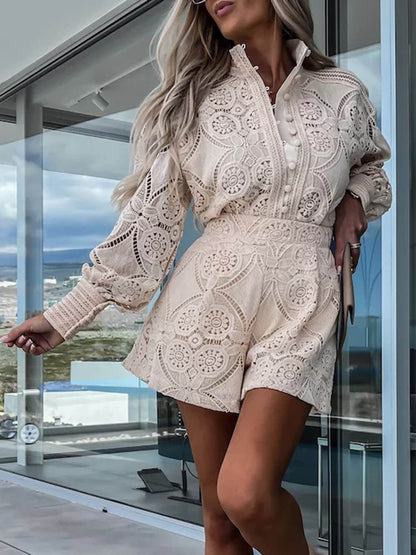 Casual Lace Shirt and Shorts Two Piece