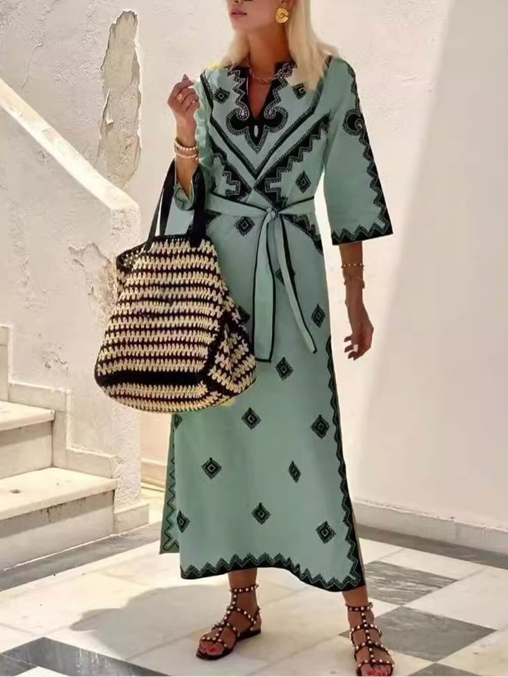 Unique Bohemian Print Belted Midi Dress