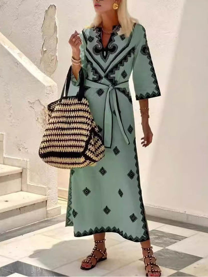 Unique Bohemian Print Belted Midi Dress