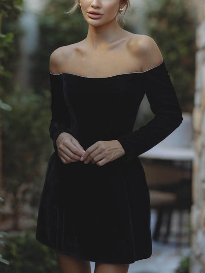 Velvet Rhinestone Off-Shoulder Bardot Mini Dress