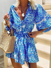 Stand Collar Shift Printed Resort Mini Dress