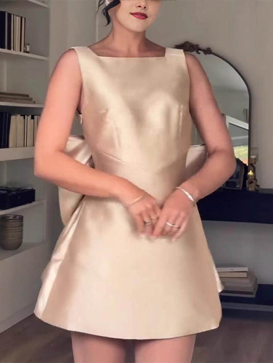 Satin Backless Bow Detail High-Waist Dress