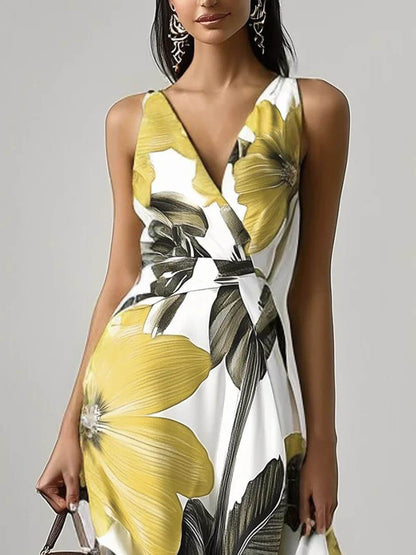 Floral Print V Neck Sleeveless A-Line Maxi Dress