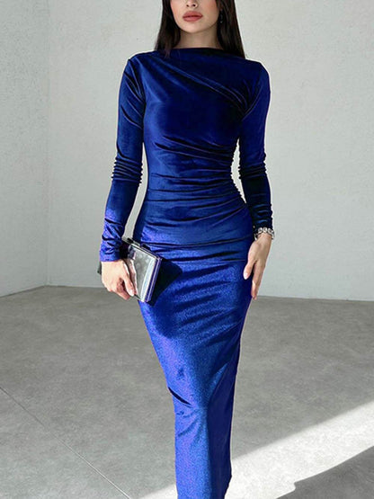 Fitted Ruched Round Neck Long Sleeve Dress