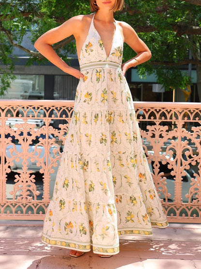 Backless Halter V-Neck Floral Dress