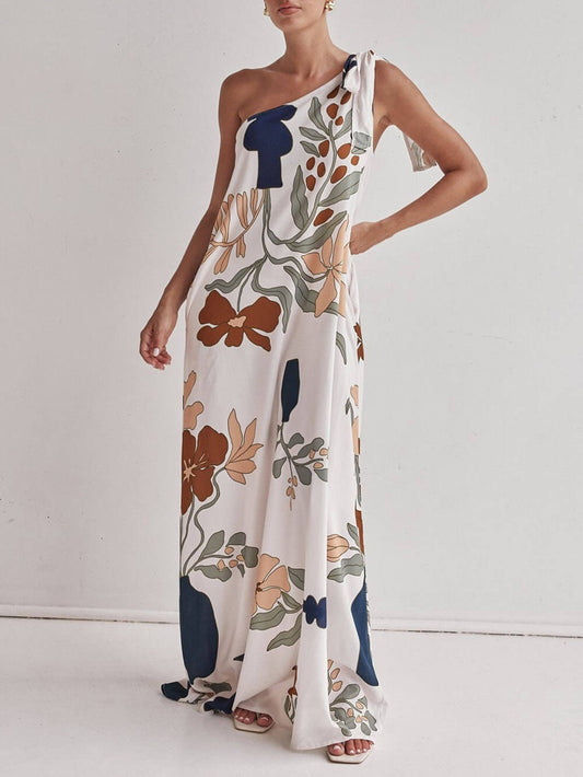 Asymmetric Shoulder Floral Pocket Dress