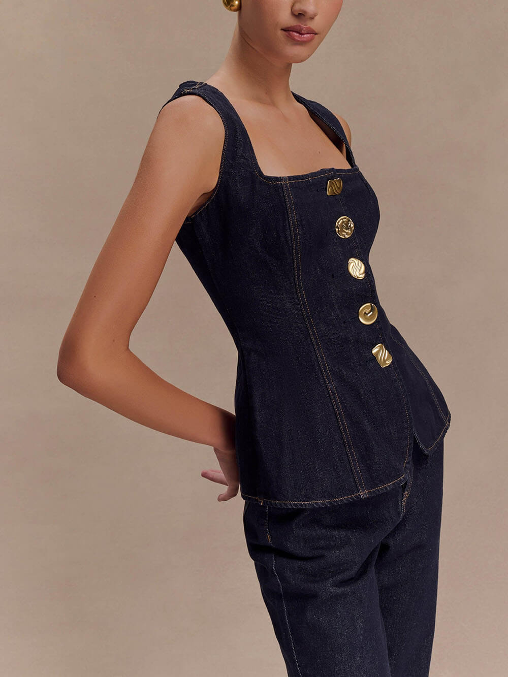 Sleeveless Button Denim Vest Top
