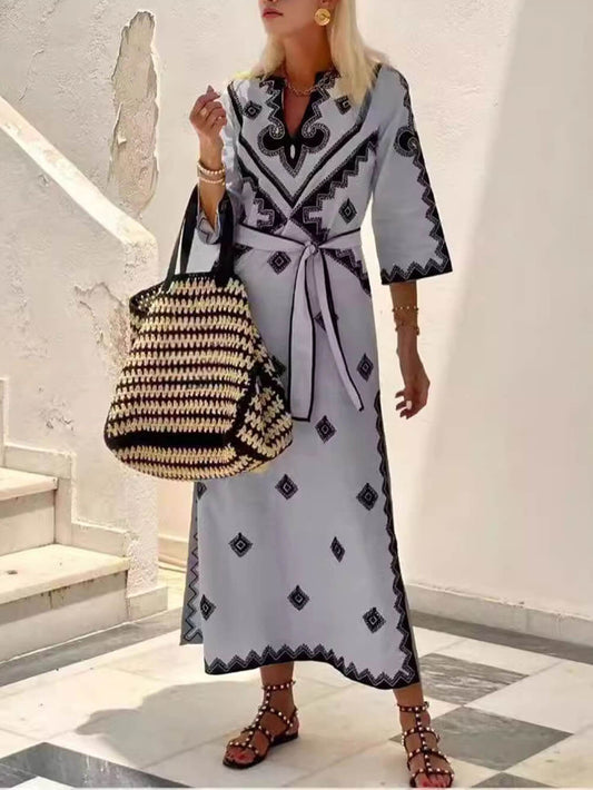 Unique Bohemian Print Belted Midi Dress