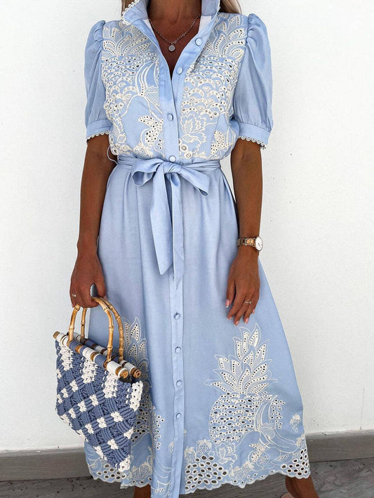 Hollow Short Sleeve Waist-Tied Flared Dress