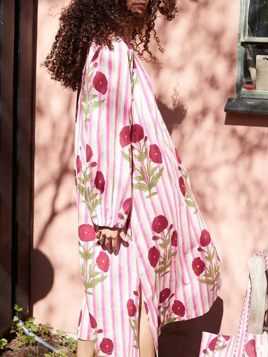 Classic Stripe Floral Print Swing Dress
