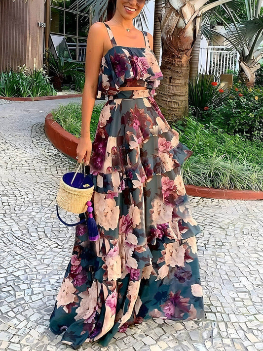 Floral Ruffled Cami Top Maxi Skirt Set