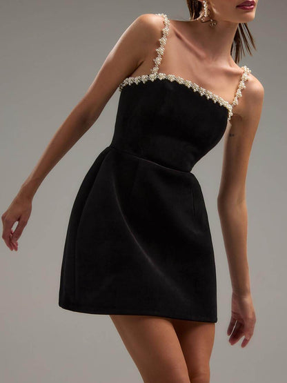 Classic Sweet Pearl Trim Strap Pocketed Tulip Mini Dress