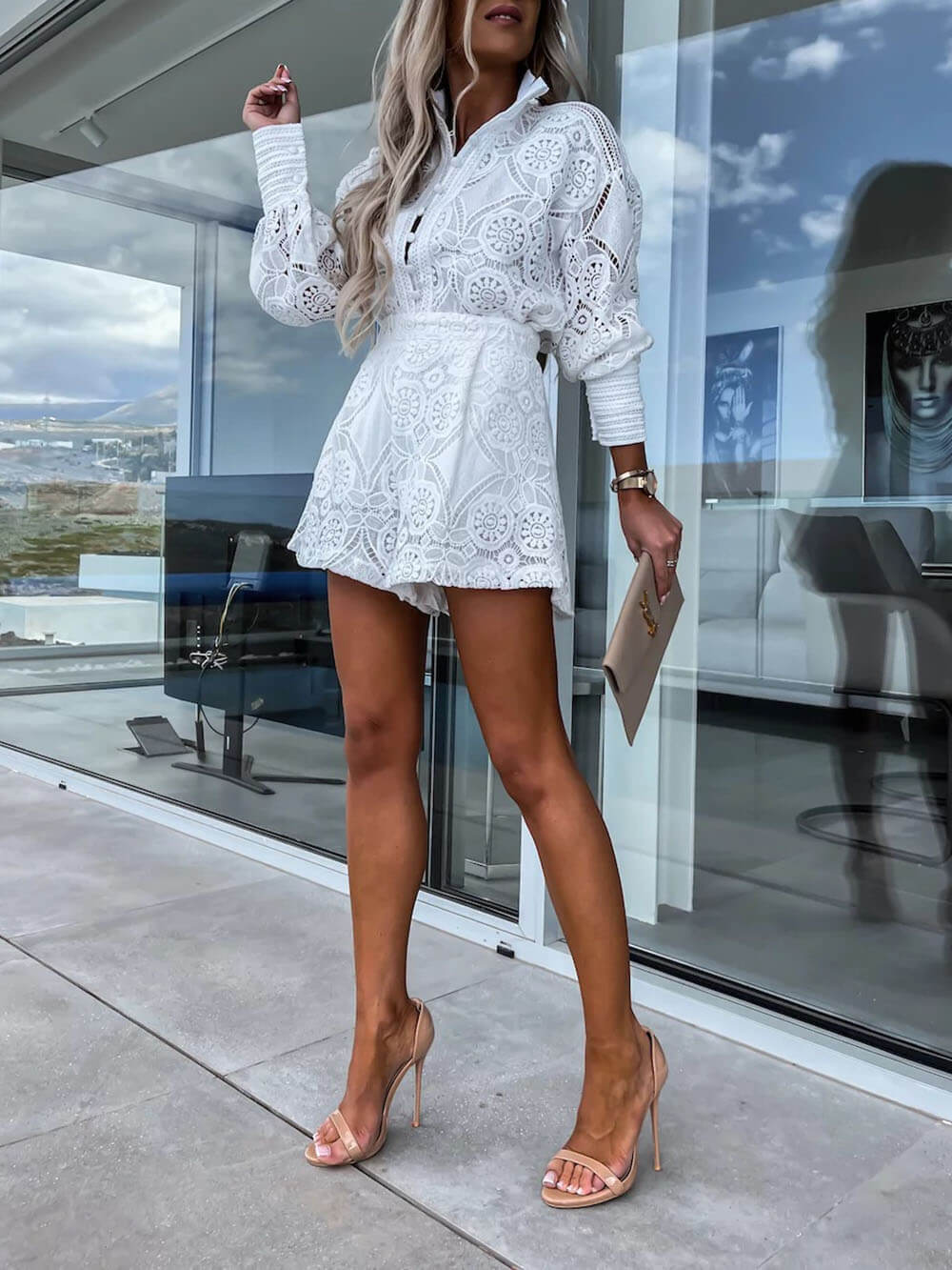 Casual Lace Shirt and Shorts Two Piece