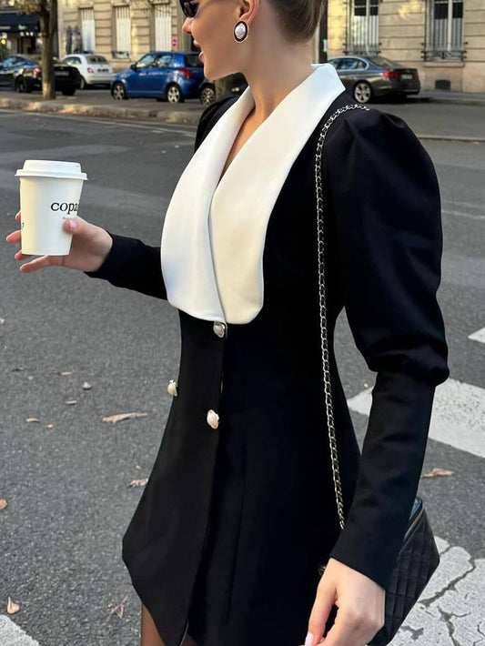 Elegant Contrast Color Metal Buckle Lapel Dress