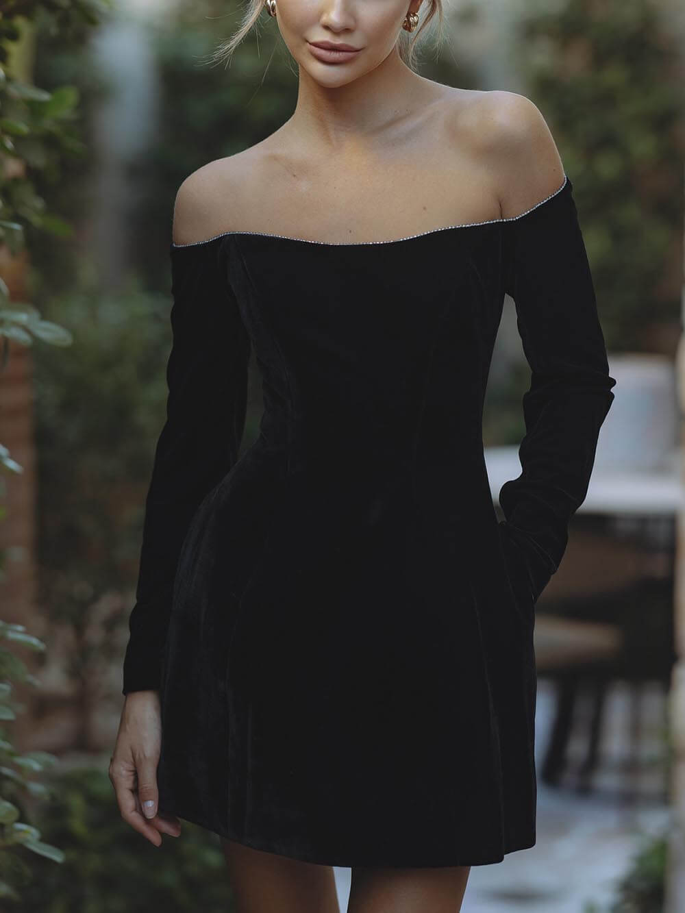 Velvet Rhinestone Off-Shoulder Bardot Mini Dress