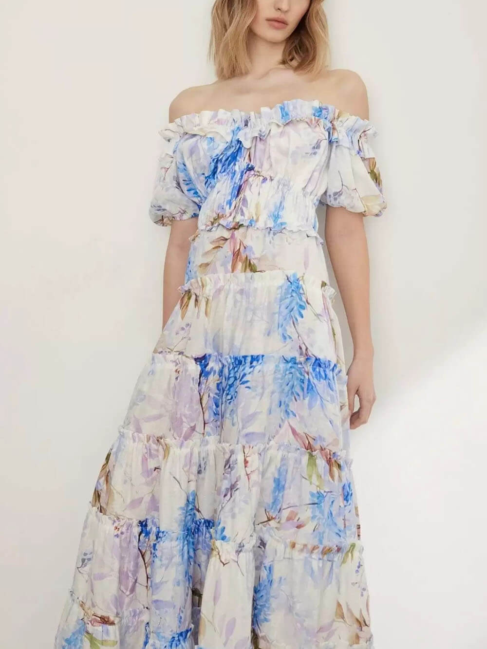 Off-Shoulder Printed Organza Fairy Evening Gown Maxi Dress