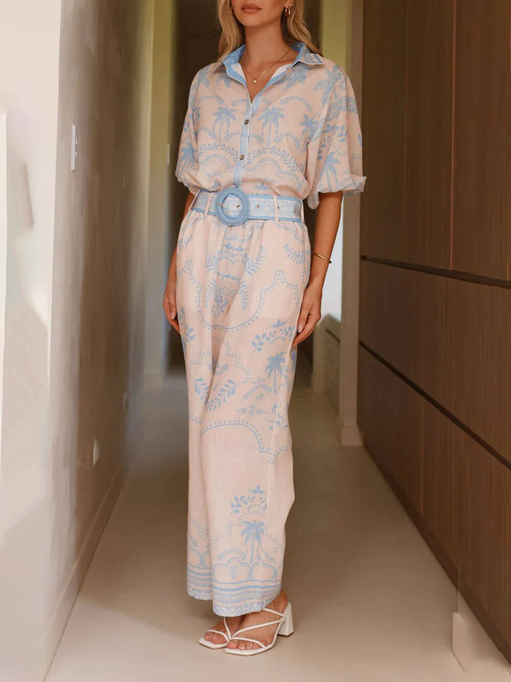 Linen Print Belted Top Pants Set