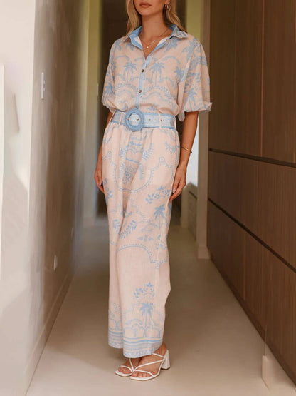Linen Print Belted Top Pants Set